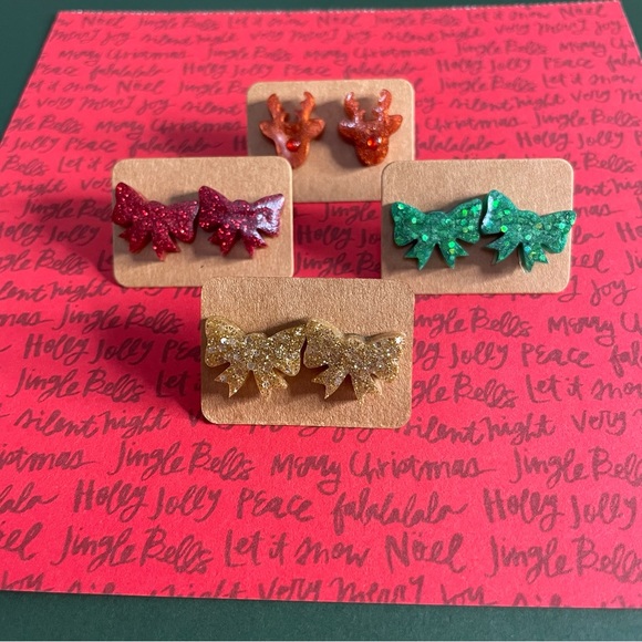 Double B Boutique Jewelry - NWT Bundle (4) Pair Of Holiday Earrings! Red/Green/Gold Sparkle Bows & Rudolph!